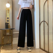 朵迪雅尚春夏闊腿褲高腰混搭長(cháng)褲女學(xué)生混搭寬松直筒垂感休閑薄款黑色褲子 黑色- 九分褲 L 【建議105-115斤】