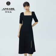 阿瑪施（AMASS）女裝新款復古碎花方領(lǐng)開(kāi)叉高腰中長(cháng)A字連衣裙5500406 黑 S (2碼)