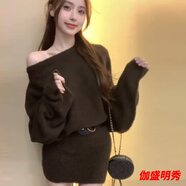 口旋慵懶風(fēng)露肩蝙蝠袖針織連衣短裙女秋冬新款寬松甜辣純欲包臀毛衣裙 咖啡色無(wú)腰帶 L L(建議120-135斤