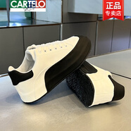 卡帝樂鱷魚（CARTELO）網(wǎng)紅2025年秋冬新款真皮小白鞋男韓版百搭時尚休閑運動鞋 白黑 41 皮鞋尺碼