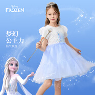 迪士尼（Disney）童裝女童愛莎公主裙寶寶可愛短袖連衣裙泡泡袖兒童夏季裙子新款 藍白拼接 120