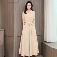 KEYUYAO長(zhǎng)袖連衣裙女款秋冬收腰顯瘦時(shí)尚氣質(zhì)減齡中長(zhǎng)款打底百搭裙子 米色 XL