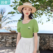 茵曼（INMAN）文藝花邊圓領(lǐng)短袖T恤夏女裝新款寬松針織燈籠袖上衣18322145 翠綠色 L