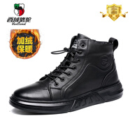 西域駱駝頭層牛皮真皮馬丁靴男秋冬加絨保暖高幫靴軟底軟面休閑男鞋 黑色加絨 41 -標準皮鞋