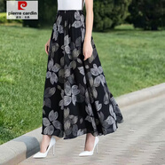 皮爾卡丹（pierre cardin）雪紡高腰A字半身裙新款夏天溥款大擺波西米亞碎花中長裙 紫荊花黑葉 松緊腰  長款 【裙長85cm左右】
