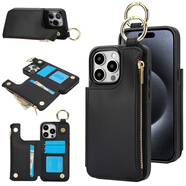錦灝 適用iPhone16pro max手機殼錢包皮套蘋果15全包14防摔保護套插卡指環(huán)支架卡包高檔時尚男女 指環(huán)扣錢包卡夾保護皮套黑色 蘋果15 pro max