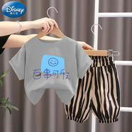 迪士尼（Disney）童裝男童夏裝短袖套裝2024洋氣女寶寶衣服潮兒童時(shí)髦帥氣兩件套 套裝[灰色]百世可愛(ài) 100 建議身高[95左右]