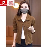 皮爾卡丹（pierre cardin）牛仔女士短外套2024春秋新款女裝短款小個子夾克洋氣休閑長袖上衣 咖啡色 L ( 建議100斤-115斤)