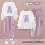 小豬彼特女童褲子春秋款2025新款兒童運動(dòng)褲秋季女大童黑色工裝褲加絨冬季 16096粉色+4882白色【春秋套裝】 170 cm