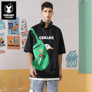 閃電潮牌（GENANX）短袖男生夏季新款ins風(fēng)印花小鴨子情侶寬松男士T恤 黑色 M