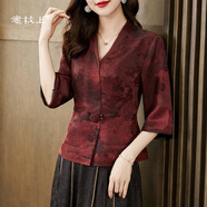 意枕上闊太太香云紗真絲上衣女2025夏季新款品牌正宗重磅桑蠶絲短袖襯衫 紅色【單上衣】 XL 建議105-120斤