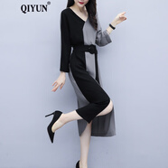 QIYUN 雪紡開叉連衣裙子新款夏季收腰修身顯瘦氣質(zhì)黑色過膝潮 長繡 2XL 【建議130-139斤】