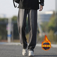 至濤 褲子男秋季牛仔褲直筒寬松加絨復古闊腿美式高街復古休閑長(cháng)褲子 灰【松緊】 加絨 2XL ( 建議130-150斤可穿 )