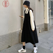 連衣裙冬2020新款韓版流行裙子法式復(fù)古寬松氣質(zhì)黑色背帶連衣裙女學(xué)生 黑色背帶裙(單件) 均碼
