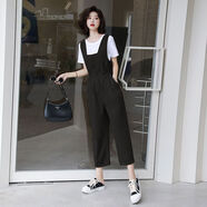 尚簡紛減齡休閑背帶褲套裝女夏裝2025新款工裝連體褲九分直筒顯瘦兩件套 5343黑色背帶褲【單件】 L 建議【101-110斤】