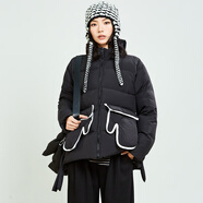 木果果木2024冬季新款撞色大口袋寬松甜美白白鴨絨羽絨服外套女 黑色 M