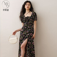 詩(shī)蒂淑設計感碎花方領(lǐng)側開(kāi)叉連衣裙2025夏季新款法式復古設計感茶歇裙T 黑色碎花 S
