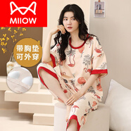貓人（MiiOW）帶胸墊睡衣女夏款純棉短袖七分褲夏季胖MM大碼免穿文胸家居服套裝 F-5905 帶胸墊 L 【95-115斤】
