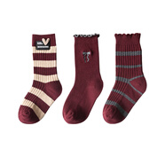 季米塔（Jimita）女童襪子春秋純棉中大童安可拉紅潮襪韓版秋冬復古紅色兒童中筒襪 橫條＋刺繡木耳邊＋花邊條紋 - 3雙 M （約3-5歲）建議腳長(cháng)14-17cm