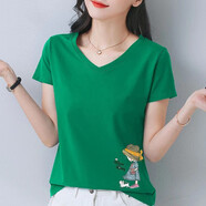 登森奧奧純棉短袖t恤女2023夏季新款V領(lǐng)半袖女裝顯瘦百搭體恤女打底衫上衣 綠色（貓與女孩） L 建議95-110斤