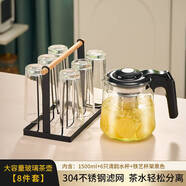 詠幻茶壺泡茶家用大容量泡茶壺茶水分離2025新款茶具玻璃冷水壺 暗夜黑1500ml+6祇清韻水杯+鐵藝杯架26cm 1L以上