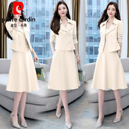 皮爾卡丹（pierre cardin）西裝連衣裙女秋裝新款2023氣質名媛長袖歐洲站早春套裝裙子針織 米杏 XL