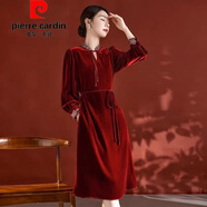 皮爾卡丹（pierre cardin）官方高端國風媽媽裝真絲絨連衣裙女秋冬新款刺繡立領真絲金絲絨裙 品牌旗艦酒紅色 L