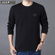 JEEP SPIRIT長袖t恤寬松大碼春秋季男士圓領(lǐng)套頭衫純色棉質(zhì)體恤繡標(biāo)開衩上衣 黑色 4XL195/112A建議195-205斤