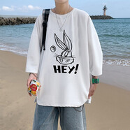 執琴之手夏季新款冰絲七分袖T恤男潮流胖子寬松上衣服韓版休閑中袖體恤男 Q11179白色 M
