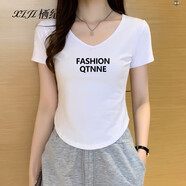 棲紀白色t恤女短袖2025新款v領(lǐng)不規則弧形下擺緊身正肩體恤純棉上衣夏 白色（YT45M印花) XL