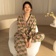 族瑪士睡袍浴袍女春秋季2025新款純棉睡衣裙夏季薄款長(zhǎng)袖家居服套裝外袍 S83588#竹節(jié)棉套裝-櫻桃紅芭蕉綠 M 【建議100-125斤/160-165CM】