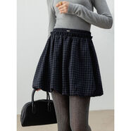 EGGKA復古格紋花苞設計感蓬蓬半裙秋冬新款高腰顯瘦A字裙格子短裙 深藍灰色 L