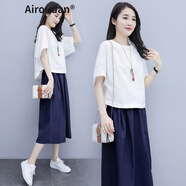 艾柔丹女裝棉麻連衣裙夏天衣服小個(gè)子收腰套裝兩件套裙子女夏季2025新款 上白下藏青 XL 體重125-135斤