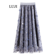 陸際（LUJI）裙子 香港潮牌春秋網(wǎng)紗半身高腰顯瘦長(cháng)裙亮片刺繡裙仙女重工繡花裙夏季立體花半身裙 灰色 均碼