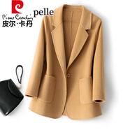 皮爾卡丹（pierre cardin）毛呢大衣外套女秋冬季新款西裝版雙面羊絨大衣短款2023高端氣質(zhì)寬 駝色 S90-100