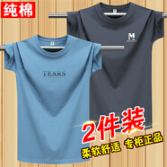 阿諾頓（ARNUODON）2件裝夏季100%純棉短袖t恤男韓版圓領(lǐng)基礎(chǔ)青少年打底新疆棉半袖潮 TEARS霧藍(lán)+W鐵灰 4XL *建議175-195斤