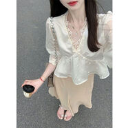 迅颯女士夏季衣服新款高檔套裝2024清透短款v領上衣女法式氣質(zhì)甜美茶 V領襯衣+茶歇半身裙子【套裝】 S
