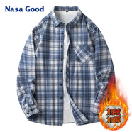 NASA GOOD加絨長(cháng)袖襯衫男秋冬季韓版潮流格子襯衣青年休閑保暖外套 藍XL