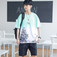 阿尼三青少年冰絲t恤男夏季短袖2025新款男夏裝初中高中學生大童運動裝 01款綠色 L 【105-125斤】