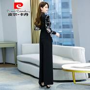 皮爾卡丹名媛氣質(zhì)闊腿褲套裝女2024年新款春秋季時(shí)尚洋氣設(shè)計(jì)感收腰兩件裝 黑白花 XL