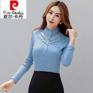 皮爾卡丹（pierre cardin）加大碼半高領(lǐng)蕾絲打底衫女秋冬洋氣內搭媽媽加絨加厚保暖紅色上衣 淺藍色【8130款】 加絨 S 適合85-95斤