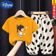 迪士尼（DISNEY）2023新款女童夏季套裝潮衣純棉短袖T恤波點褲兩件套運動衣服 (夏季套裝)橙色泡泡女孩+波點褲 140 建議身高130-140CM