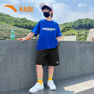 安踏童裝男兒童套裝夏季透氣冰絲速干短袖短褲兩件套中大童運動服 藍T+黑褲（冰絲速干）2 140