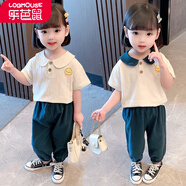 樂芭鼠女寶寶套裝夏裝嬰幼兒童裝衣服洋氣女童套裝棉麻休閑時髦夏季1-7歲中小童小女孩短袖t桖褲子兩件套 米白色（純色領） 90碼建議1-2歲(身高80-90cm)