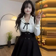 素優(yōu)米（SUYOUMI）大碼胖MM氣質(zhì)套裝女秋季顯瘦polo領(lǐng)襯衫背帶半身裙學(xué)院兩件套 白色上衣+黑色背帶裙 【套裝】 L 【建議100-120斤】