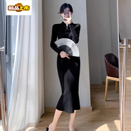 初徑新中式旗袍盤(pán)扣針織連衣裙女秋冬2025年修身顯瘦氣質(zhì)魚(yú)尾包臀裙子 黑色 L