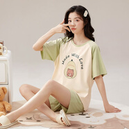 馨愛百年睡衣女夏天短袖韓版休閑簡約加大碼帶胸墊家居服可外穿短褲套裝 QH3282女 2XL