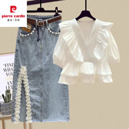 皮爾卡丹（pierre cardin）氣質(zhì)輕熟小香風(fēng)套裝女夏季新款荷葉邊V領(lǐng)雪紡衫包臀牛仔裙兩件套 白色上衣+藍(lán)色半身裙兩件套 2XL