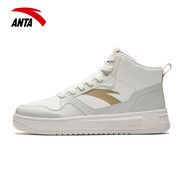 安踏高幫鞋男正品冬季新款韓版中幫皮面男鞋厚底潮流運動(dòng)板鞋男款 -2象牙白/數字霧灰 40