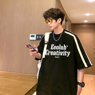OEMG 美式復古短袖t恤男夏季新款潮流牌青少年五分袖上衣服寬松休閑衫 黑色 XL [建議125-140斤]
